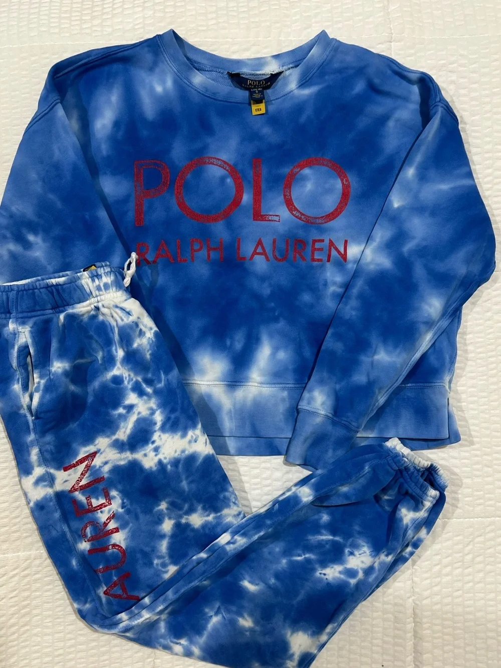 Polo Ralph Lauren G Large 14-16 Blue Tie-Dye Logo Terry Sweatshirt Jogger Set